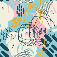 Fototapeta premium Stylish print, seamless pattern, background with hand-drawn shapes, strokes, doodles, a palm leaf. Stylish vector illustration 