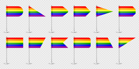 Realistic various table flags on a chrome steel pole. Rainbow LGBT desk flag made of paper or fabric. Shiny metal stand. Mockup for promotion and advertising. Vector illustration