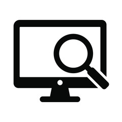 Computer monitor magnifying glass icon in simple style isolated on white background. Monitoring icon.