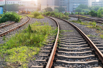 Fototapeta premium Cargo train platform at sunset with container