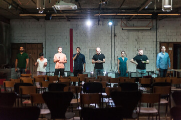 Rehearsal at theatre. Actors preparing for role. Behind the scene