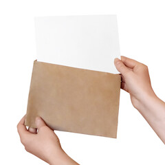Female hands take out a white blank postcard from a brown kraft envelope, isolated. Blank holiday card mockup for design