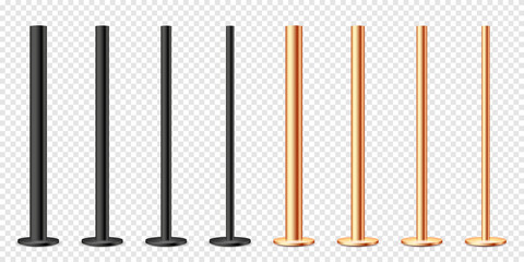 Realistic metal poles collection isolated on transparent background. Glossy bronze and steel pipes of various diameters. Billboard or advertising banner mount, holder. Vector illustration. - obrazy, fototapety, plakaty