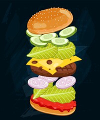 American burger section for fast food menu restaurant. Advertising blackboard design with classic hamburger component