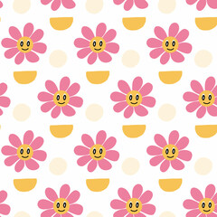 Seamless pattern with flowers in retro style. Cute pattern with groovy flowers. Vector illustration.