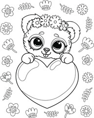 Baby panda bear with heart and flowers. Vector outline for coloring page