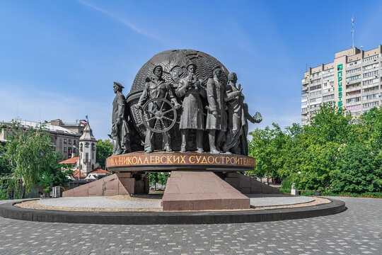 Mykolaiv, Ukraine - July 26, 2020: Monument to Shipbuilders on the city square in Mykolaiv. Old sculptural composition with sailors around a round globe