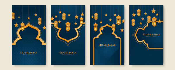 Obraz na płótnie Canvas Eid ramadan mubarak background for social media stories template banners. Arabic islamic middle east lantern moon crescent mosque design for social media template