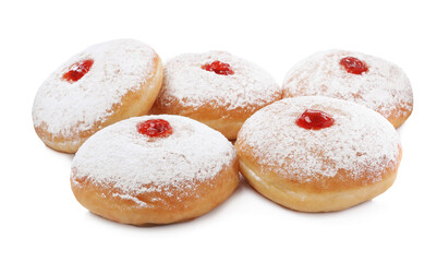 Delicious donuts with jelly and powdered sugar on white background