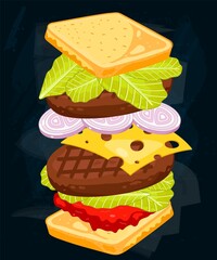Ingredient for double sandwich with grilled cutlet. Restaurant or cafe with fast food lunch menu design isolated on black