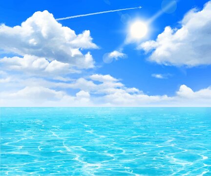 太陽の下入道雲の青い空と飛行機雲と海のゆらめく波の夏イメージの美しいフレームイラスト素材
