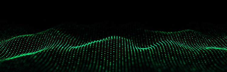 Dynamic sound wave. Green energy flow concept. Cyberspace background. 3D rendering.