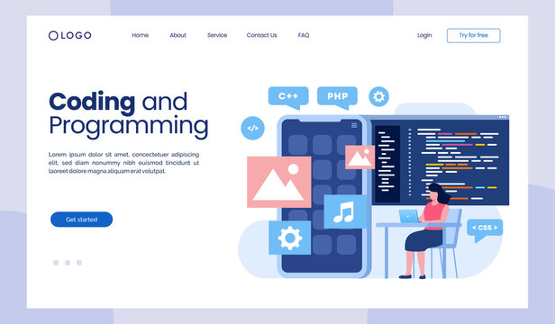 Coding & programming languages. css, html, it, ui. programmer cartoon character developing website design. flat illustration landing page