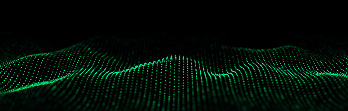 Dynamic sound wave. Green energy flow concept. Cyberspace background. 3D rendering.