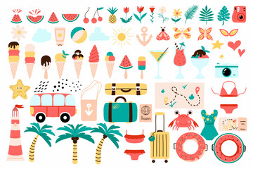Big set of summer elements. Vector summer set with swimwear, ice cream, suitcases, cocktails, palm trees and more.