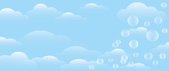 Sky with cloud and soap bubble on blue sky background, illustration for nature, landscape, space for the text. Graphic design style.