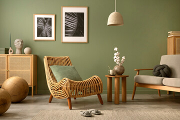 Modrern living room interior design with rattan armchair, wooden commode, mockup frames and stylish...