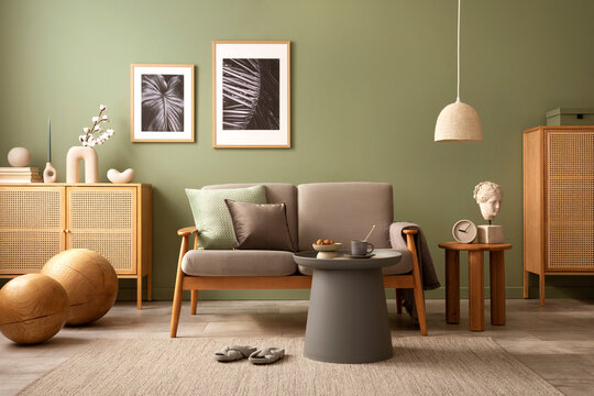 Stylish living room interior composition. Modern scandi sofa,  mock up frames, wooden commode and creative personal accessories. Eucalyptus green wall. Template. Copy space.