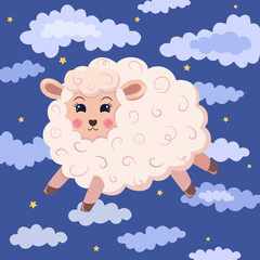 Fluffy little sheep, flying on the sky with clouds and stars. Vector isolated illustration. Suit for poster, card.