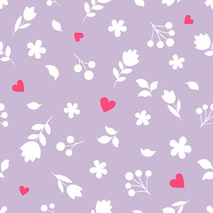 White flowers, leaves, berries and  
 red hearts on a light purple background. Spring doodle simple pattern. Suitable for wrapping paper, textile.