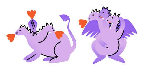 Vector pair of dinosaur serpents gornych with steam flying out of the mouth in the form of hearts