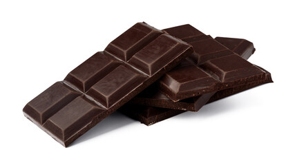 Small dark chocolate pieces isolated on white background