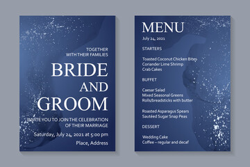 Modern watercolor background or elegant card design for birthday invite or wedding or menu with abstract navy blue ink waves and silver splashes.