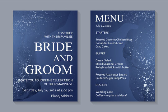 Modern watercolor background or elegant card design for birthday invite or wedding or menu with abstract navy blue ink waves and silver splashes.