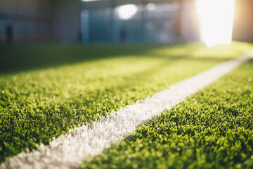 Football Field Sideline at Sunny Day. Soccer Pitch Background. Summer Day at Sports Field. Sunlight in the Background - obrazy, fototapety, plakaty