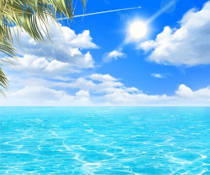 夏の爽やかな雲のある青い空と海のゆらめく波とヤシの木の美しいフレームイラスト素材