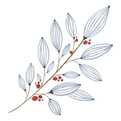 Hand Drawing Watercolor Beautiful Plant with blue Leaves and Red Berries illustration. Use for poster, card, print, textile, template, fabric, pattern, stickers, wedding, celebration, birthday