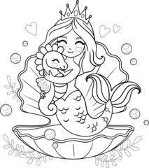 Mermaid princess holds a seahorse. Isolated outline for coloring book