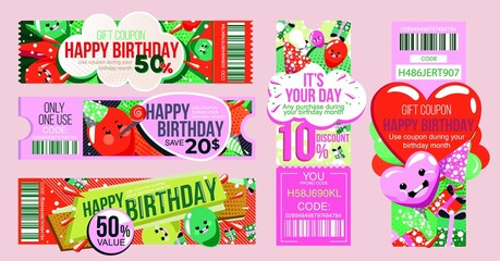 Birthday gift voucher or anniversary discount coupon set. Special sale offer with personal gift for shopping