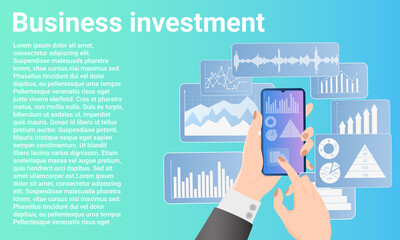 Business investment.A businessman invests in a business using an application installed on a smartphone.Poster in business style.Flat vector illustration.