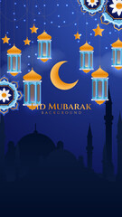 Eid ramadan mubarak background for social media stories template banners. Arabic islamic middle east lantern moon crescent mosque design for social media template