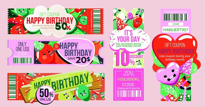 Birthday gift voucher or anniversary discount coupon set. Special sale offer with personal gift for shopping