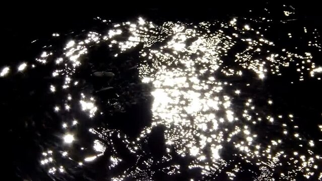 Blendendes glitzerndes Wasser. Sonnenreflexionen in einem Fluss. Wasserspiegelreflexionen auf spiegelnder Wasseroberfl&auml;che. Ein stilles dunkles schwarzes Gew&auml;sser mit blendenden Licht reflexen. Licht.