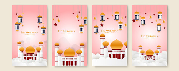 Obraz premium Eid ramadan mubarak background for social media stories template banners. Arabic islamic middle east lantern moon crescent mosque design for social media template