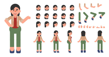 Cheerful woman, young lady creation kit. Create your own action, pose, animation. Modern vector illustration