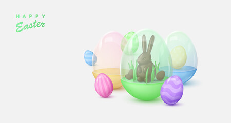 Banner with glossy colored eggs with glass dome and chocolate rabbit sitting in grass, mini eggs. Happy Easter poster. Vector illustration for card, party, design, flyer, banner, web, advertising.