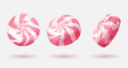 Set of three different sides sweet white glossy candies, lollipops with pink swirl, stripes. Look like 3d rendering. Vector illustration for card, party, flyer, poster, menu, banner, web, advertising.