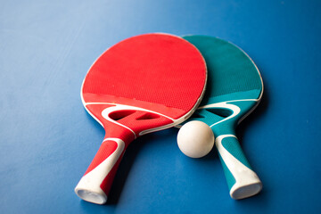Two colorful ping pong rackets. Table tennis bats. 