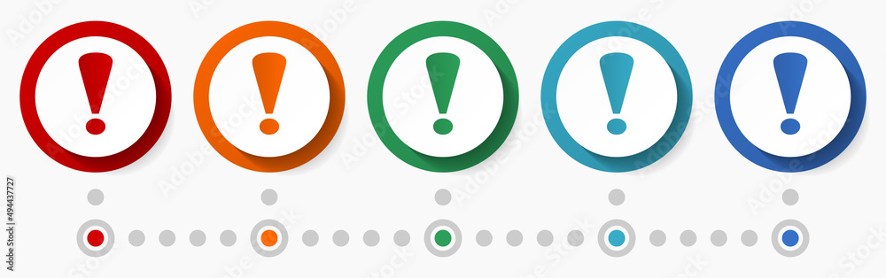 Aufkleber exclamation sign, warning concept vector icon set, flat design colorful buttons, infographic templat