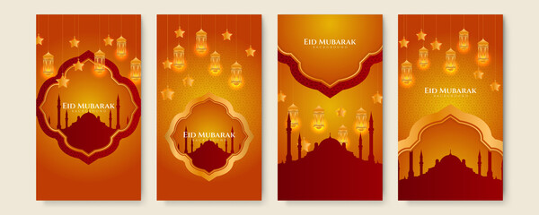 Eid ramadan mubarak background for social media stories template banners. Arabic islamic middle east lantern moon crescent mosque design for social media template