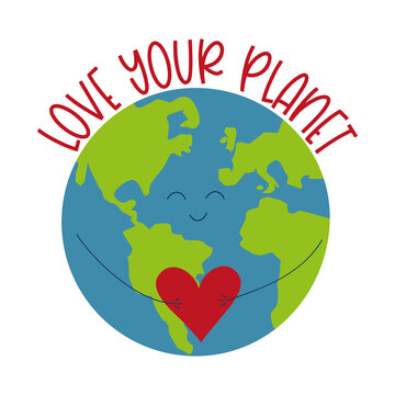 Love your planet - cute smiley Planet Earth with heart. Good for greeting card, poster, banner, label, and other gifts design.