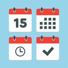 Icons calendar number 15, agenda app, timer, done