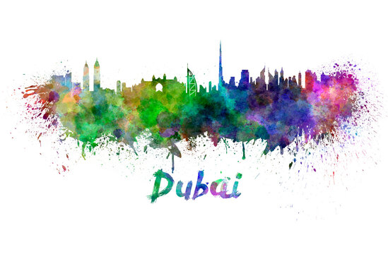 Dubai skyline in watercolor splatters with clipping path