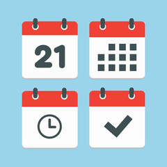 Icons calendar number 21, agenda app, timer, done