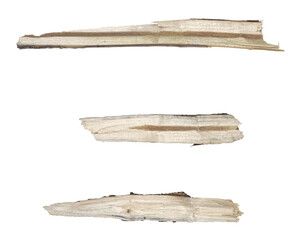 Dry tree twigs branches isolated on white background. set pieces of broken wood plank.  collage small wood chips close-up