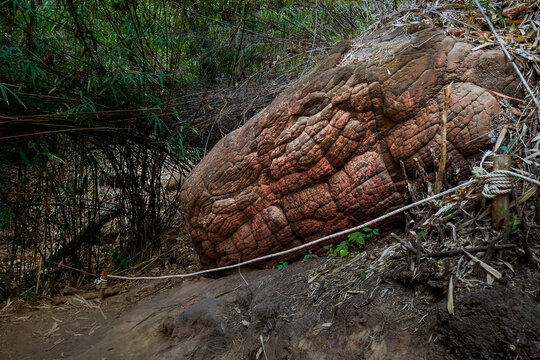 Large stones that resemble snake scales. This is Naka Cave, Bueng Kan Province. Thailand